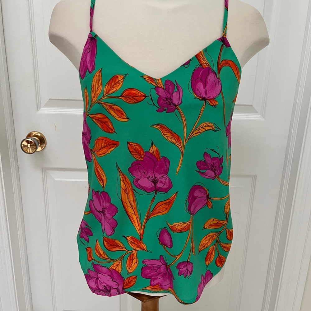 Timing Green Tank Top with Purple and Orange Floral Design